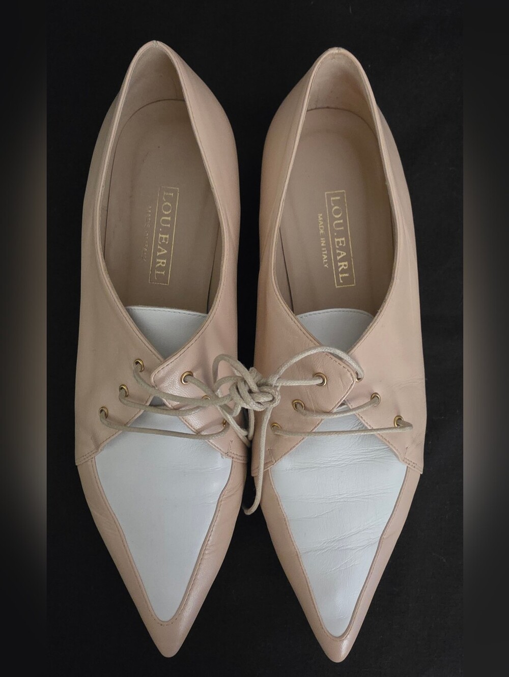 Lou Earl Two-Tone Pointed Lace-Up Flats in Nude and White